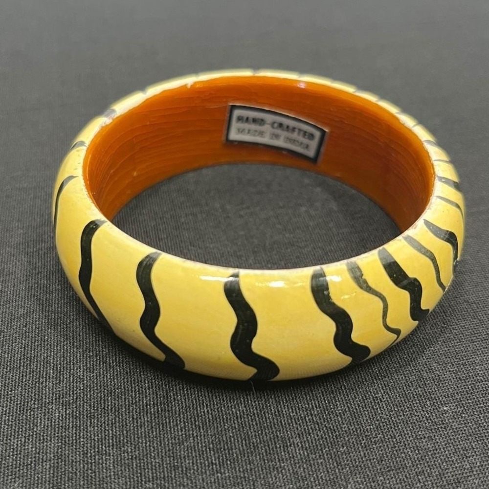 Hand Crafted India Bangle Bracelet Yellow Black Wavy Stripe Orange Interior